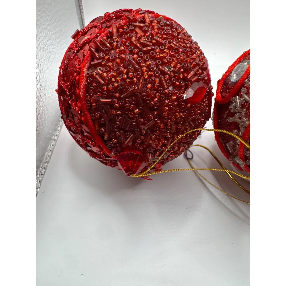 Red Beaded Christmas Ornaments Set of 3 Silver Accents Crystal Dangles